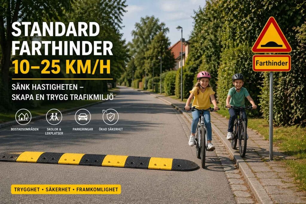 Standard farthinder 10–25 km/h i bostadsområde där barn cyklar tryggt vid sidan av hindret