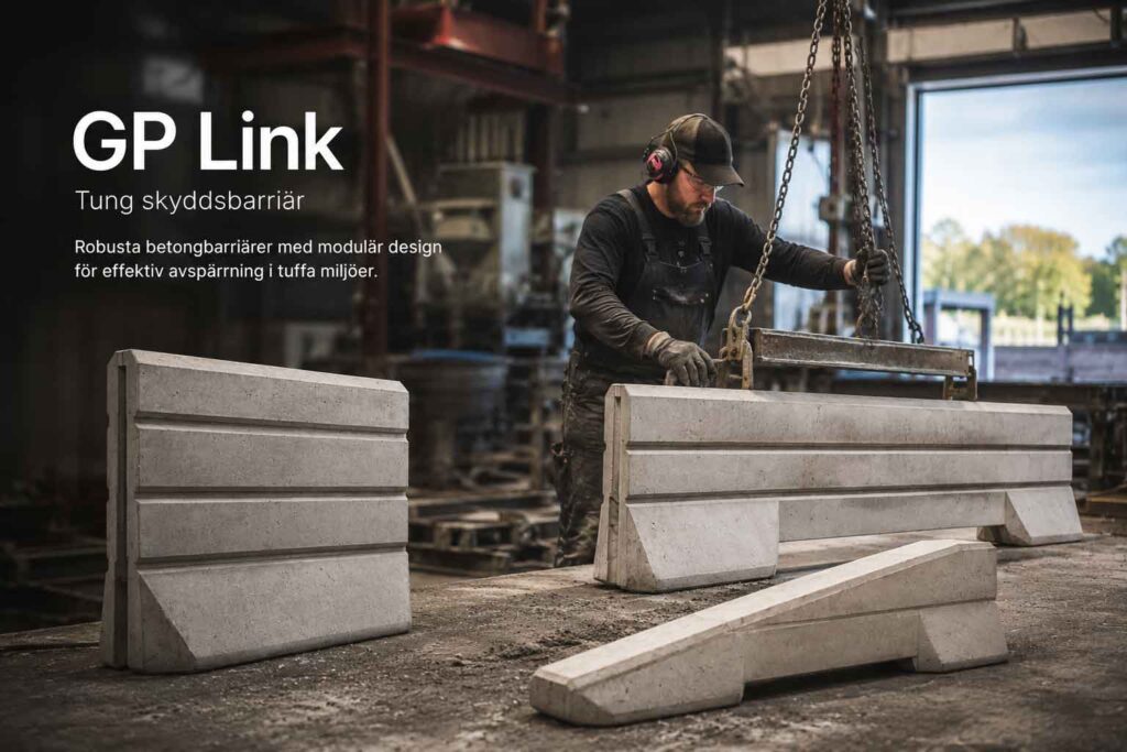 GP-Link tung skyddsbarriär under tillverkning i industrimiljö med robusta betongsektioner och hantverkare i arbete.