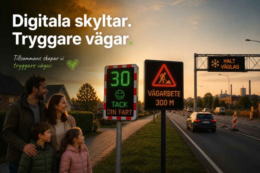 Digitala skyltar med hastighetsdisplay och VMS-skylt i trafikmiljö som skapar tryggare vägar för barnfamiljer och trafikanter