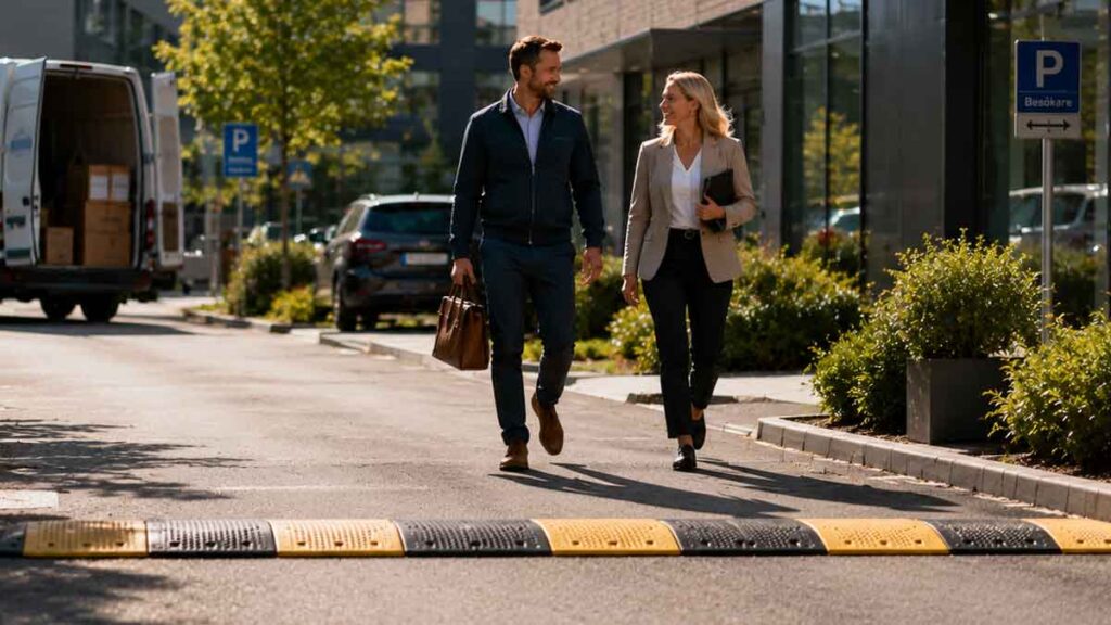 Fastighetsförvaltning med säker trafikmiljö, budbil, farthinder och moderna kontorsfastigheter.