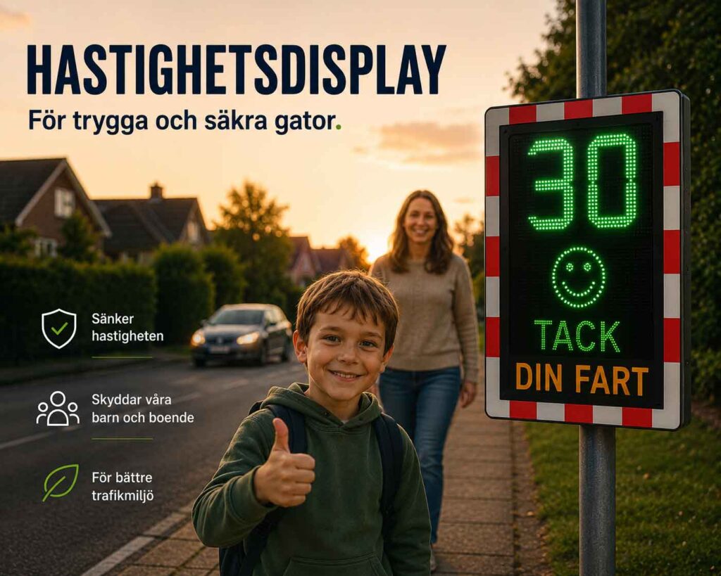 Hastighetsdisplay som visar aktuell hastighet i bostadsområde och hjälper till att sänka farten för ökad trafiksäkerhet