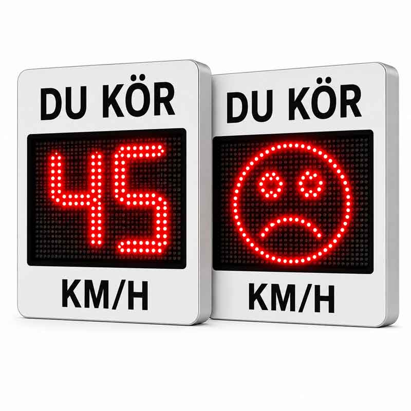 DU KÖR hastighetsdisplay med röd hastighetsvisning 45 km/h och röd ledsen smiley som varnar förare vid för hög hastighet i bostadsområden, vid skolor och lekplatser.