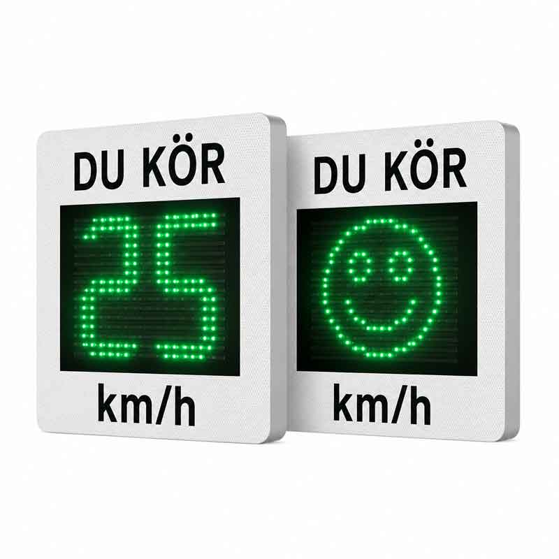 Hastighetsdisplay DU KÖR med grön hastighetsvisning 25 km/h och grön smiley som uppmuntrar rätt hastighet i bostadsområden, vid skolor och vägar där barn vistas.