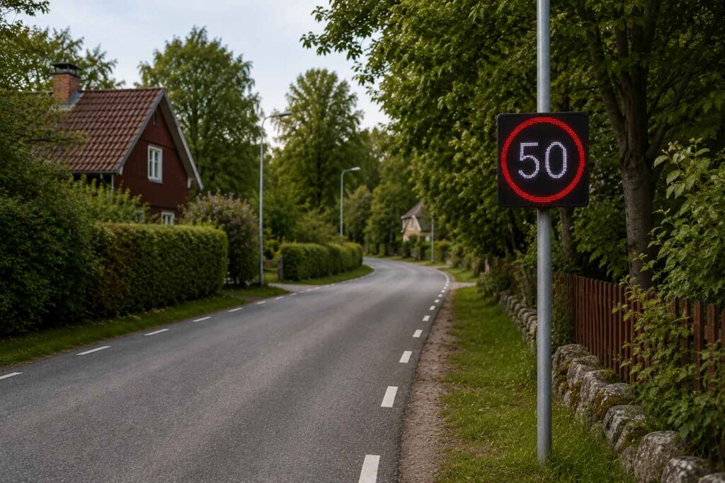 Digital VMS skylt med hastighetsbegränsning 50 monterad på stolpe längs mindre väg i bostadsområde