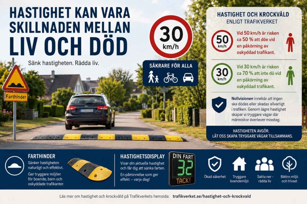 Farthinder och hastighetsdisplay i bostadsområde med information om hur lägre hastighet minskar risken för dödliga olyckor enligt Trafikverket och Nollvisionen.