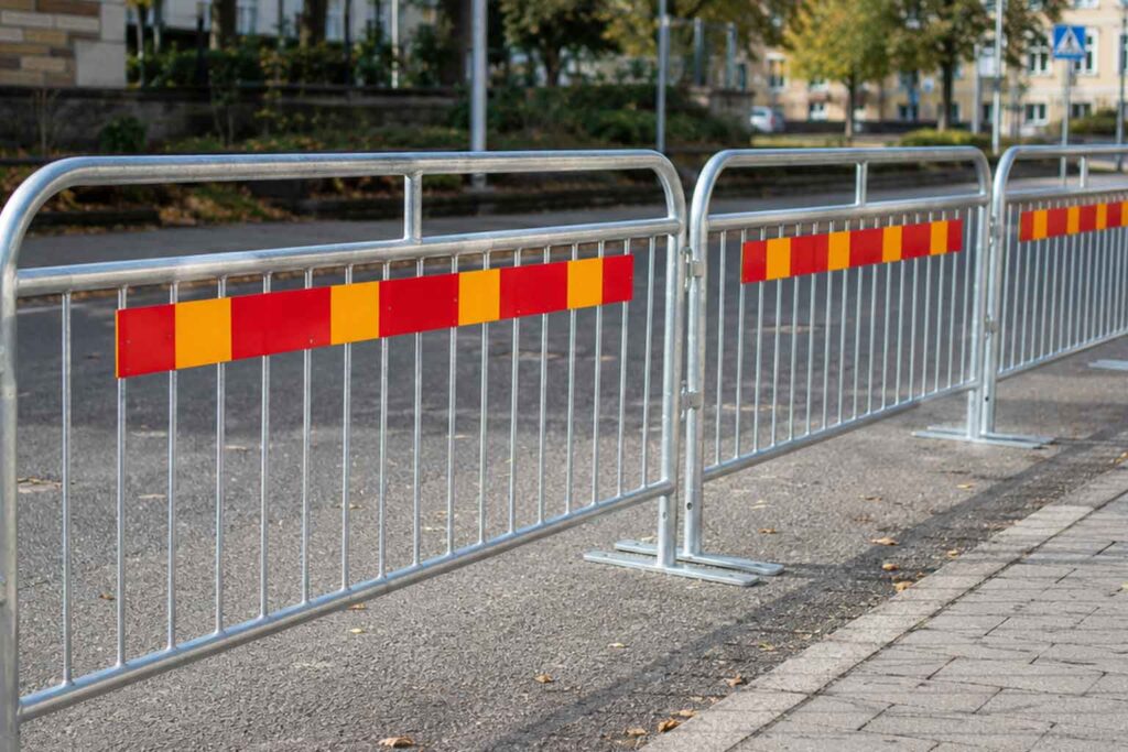Kravallstaket med plattfot och rödgula reflexer uppställda som avspärrning längs en svensk gata för publikstyrning och trafiksäkerhet.