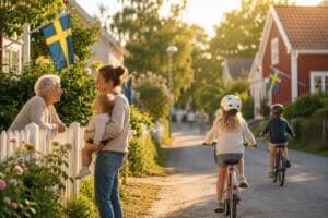 Trafiksäkerhet i bostadsområden på Sveriges nationaldag med barn som cyklar och grannar som umgås på en lugn villagata