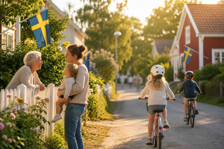 Trafiksäkerhet i bostadsområden på Sveriges nationaldag med barn som cyklar och grannar som umgås på en lugn villagata