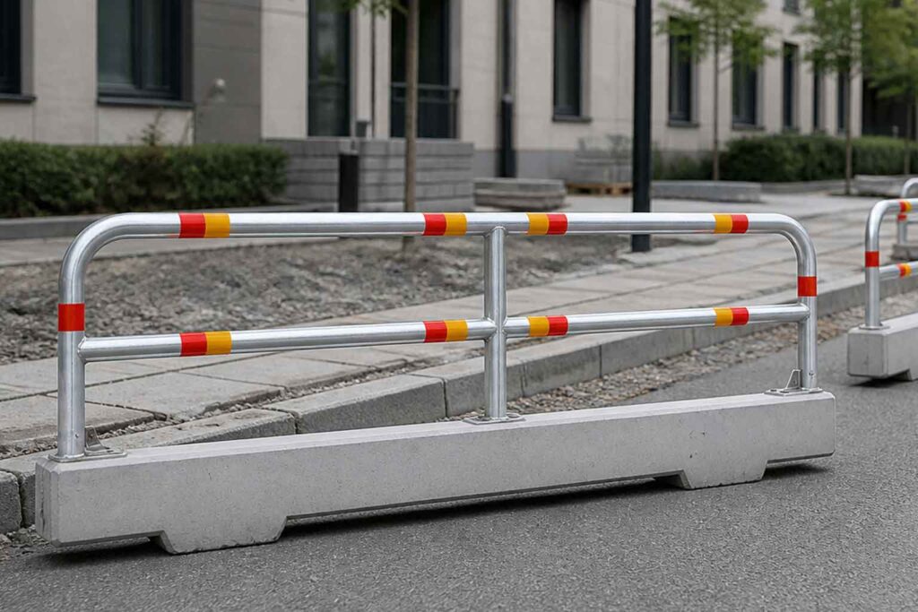 Flyttbar TA-balk med betongfot, galvaniserat räcke och rödgula reflexer längs en gata.