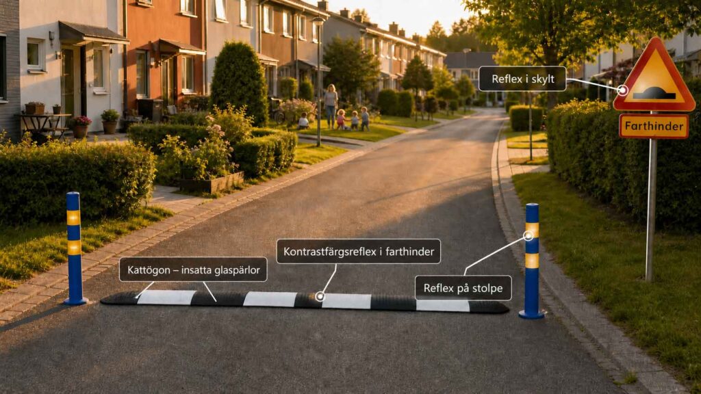 Bostadsgata med ett svartvitt farthinder, blågula reflexstolpar och en varningsskylt. Bilden visar var reflexer och kattögon kan placeras för att göra farthindret mer synligt.