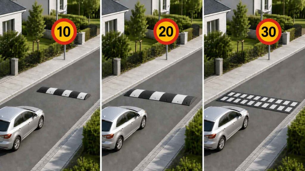 ZeBra, PP och Grindsö farthinder för passagehastigheter på cirka 10, 20 och 30 km/h.