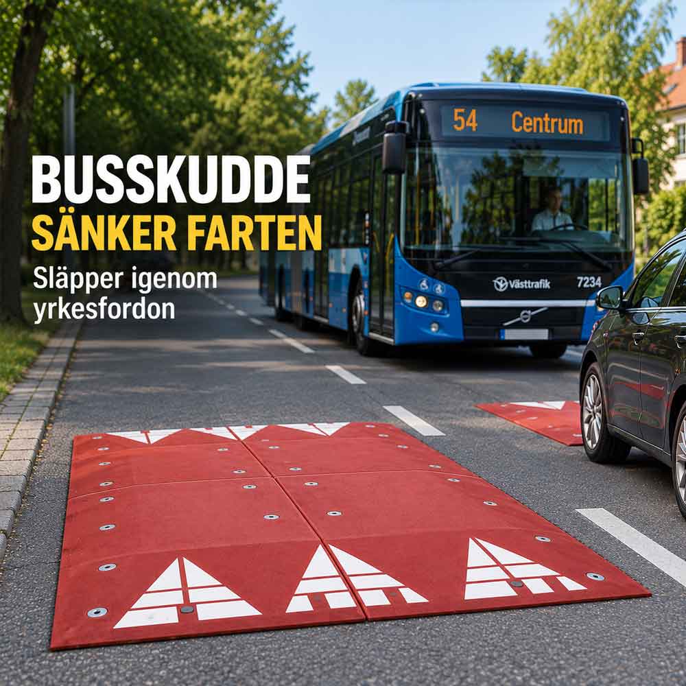 Busskudde som sänker hastigheten för personbilar och ger bredare yrkesfordon fri passage