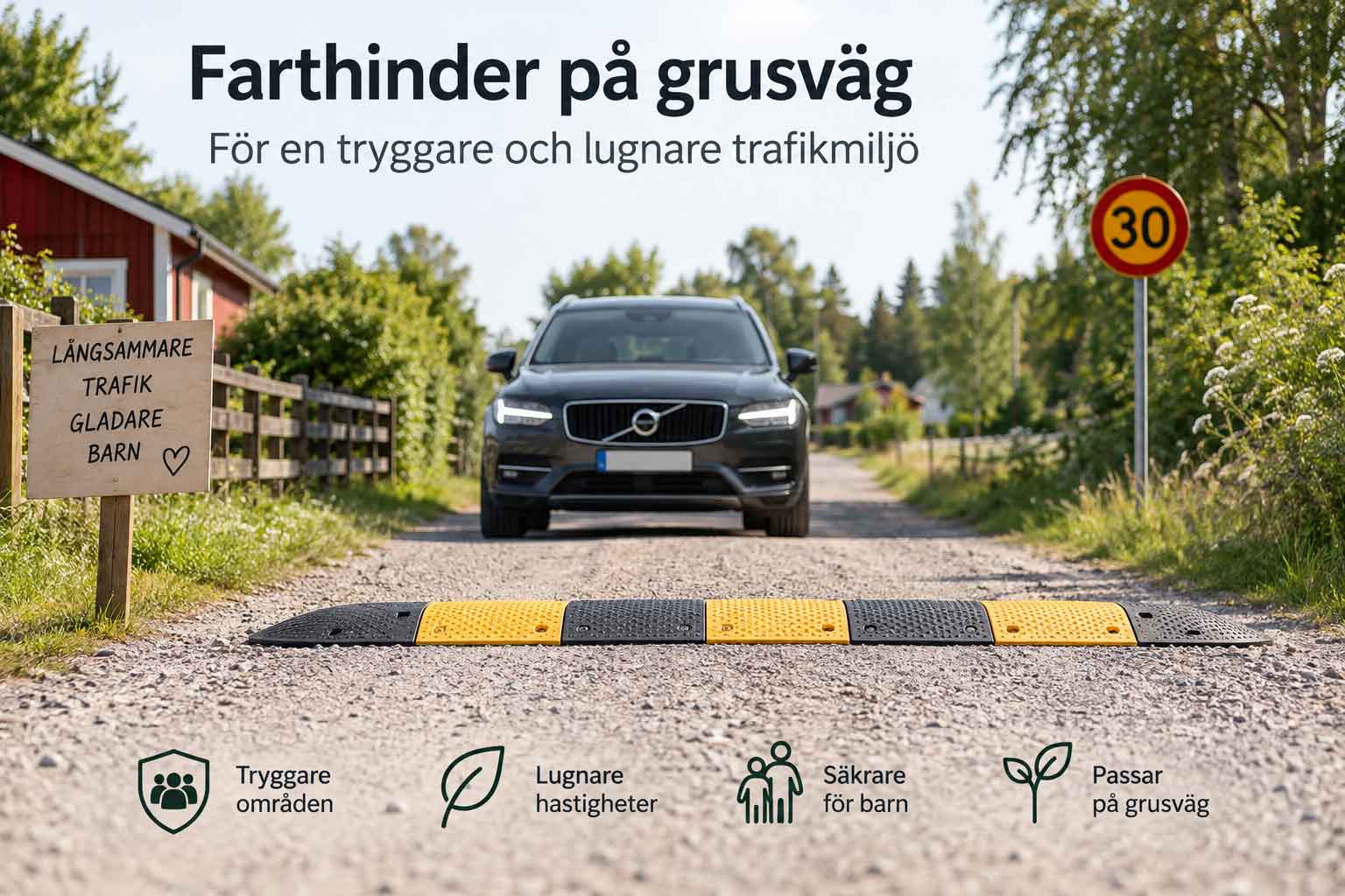 Farthinder på grusväg i bostadsområde för sänkt hastighet och ökad trafiksäkerhet