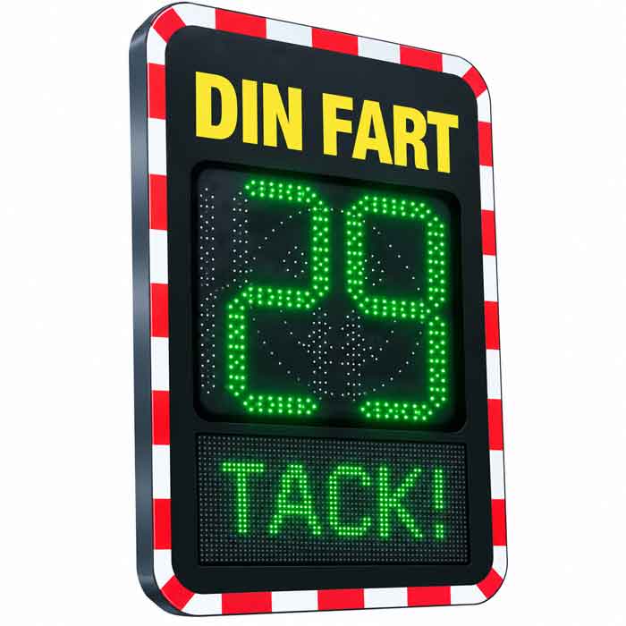 DSD Pro hastighetsdisplay med text, smiley och trafikmätning