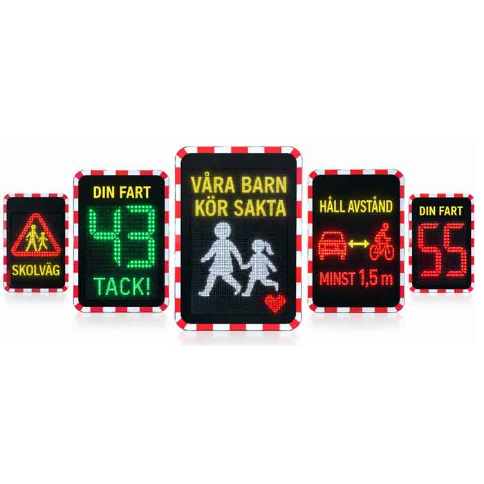 DSD Flex hastighetsdisplay med text, grafik och anpassade varningsbudskap