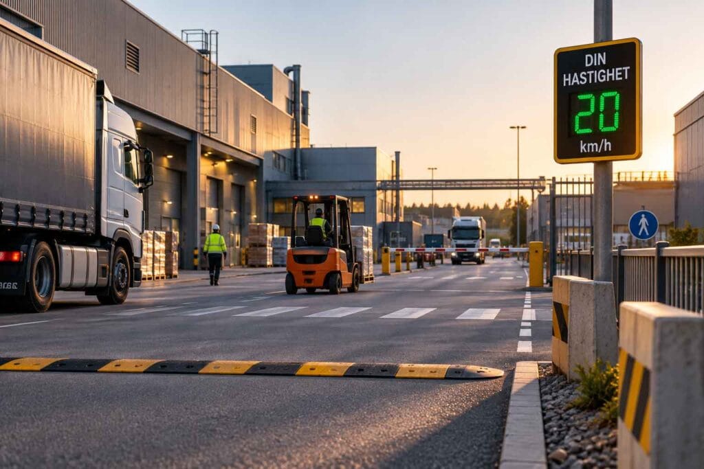 Trafiksäkerhet på industriområde med hastighetsdisplay, farthinder, truck och lastbilar.