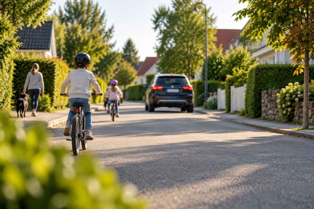 Sänkt hastighet i bostadsområde med cyklande barn, gående och biltrafik på lugn villagata.
