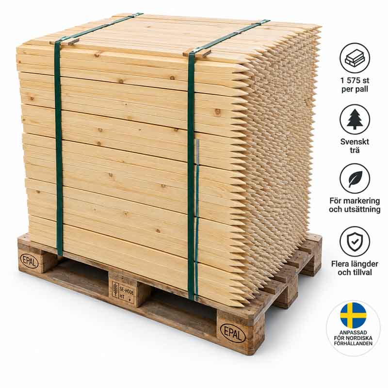 Stakkäppar i svenskt trä på helpall för markering och utsättning