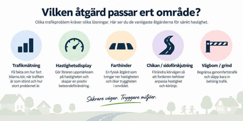 Åtgärder för sänkt hastighet – trafikmätning, hastighetsdisplay, farthinder, chikan och vägbom.
