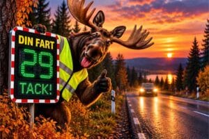 Älg i reflexväst vid en hastighetsdisplay som visar 29 km/h och texten ”DIN FART” och ”TACK!”, längs en landsväg i höstmörker.