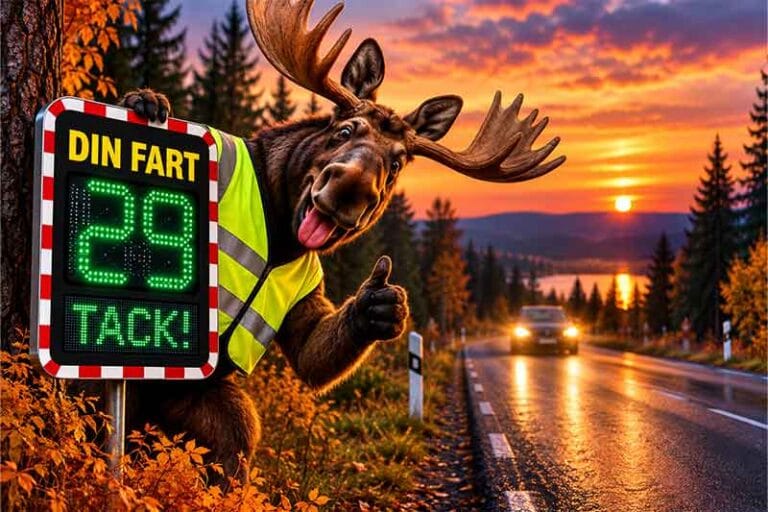 Älg i reflexväst vid en hastighetsdisplay som visar 29 km/h och texten ”DIN FART” och ”TACK!”, längs en landsväg i höstmörker.