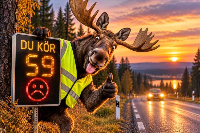 Älg i reflexväst vid en landsväg håller upp en hastighetsdisplay. En humoristisk påminnelse om att sänka farten i höstmörkret.