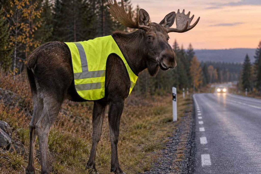 Älg med gul reflexväst vid en svensk landsväg i skymningen – påminnelse om att sänka hastigheten i höstmörkret